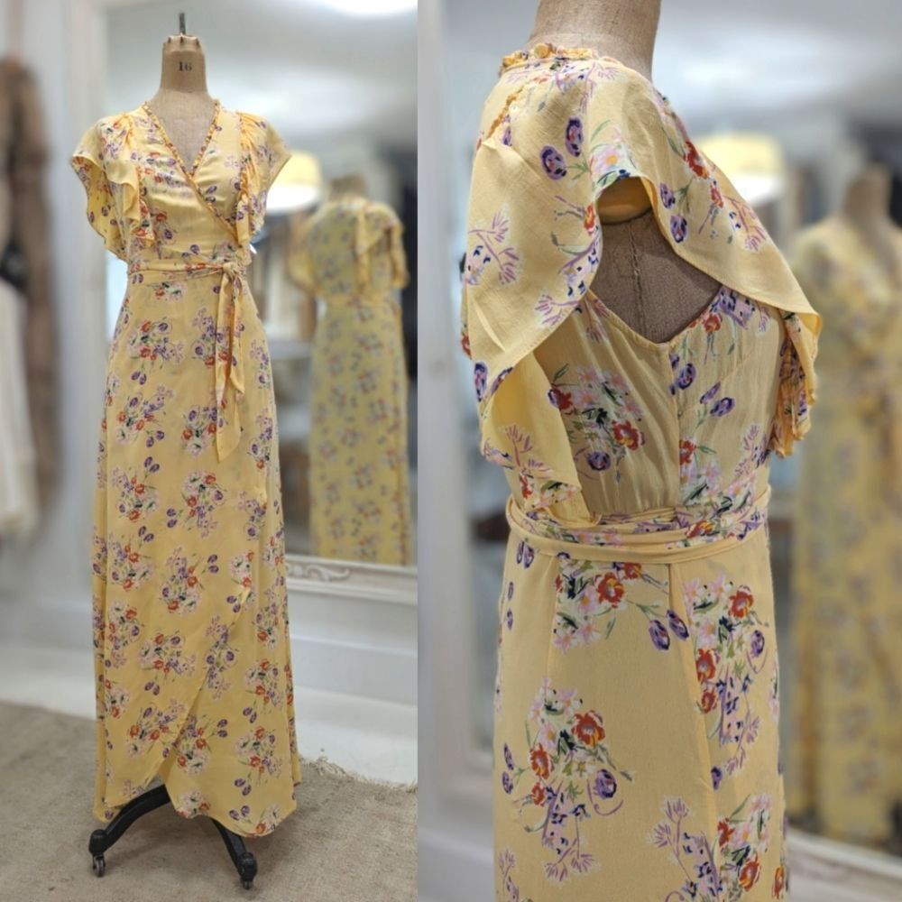 Yellow Flutter Sleeve Wrap Maxi Dress